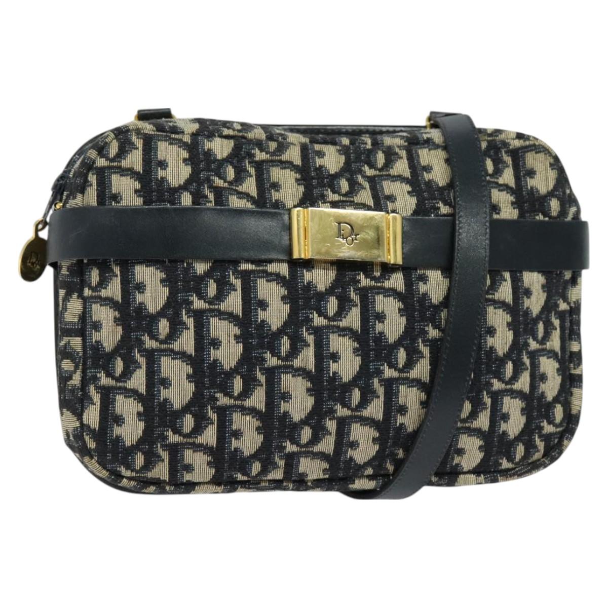 Christian Dior Trotter Canvas Shoulder Bag Navy Gold Auth 127500