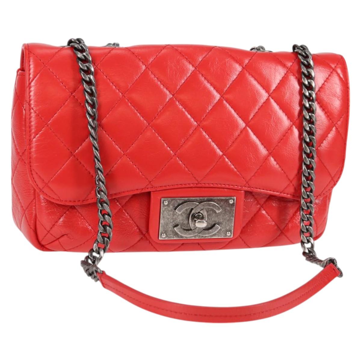 CHANEL Matelasse Chain Shoulder Bag Calf Skin Red CC Auth 127508M