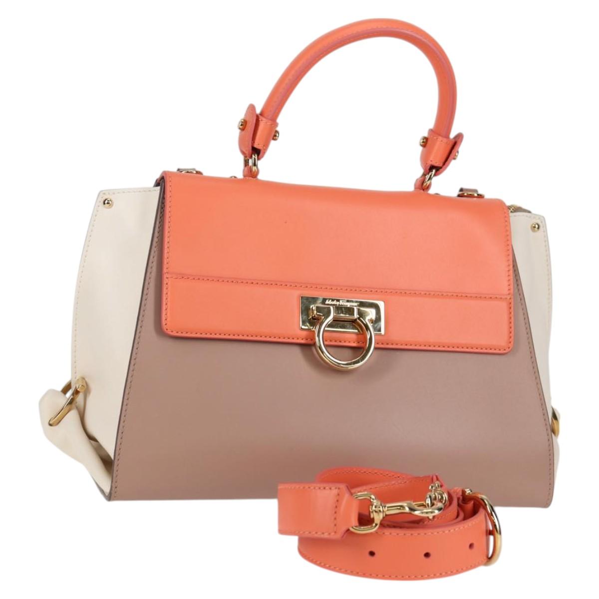 Salvatore Ferragamo Gancini Sofia Hand Bag Leather 2way Pink Gold Auth 127533M