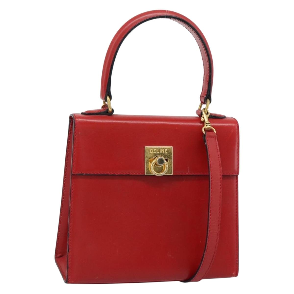 CELINE Hand Bag Leather 2way Red Gold Auth 127535
