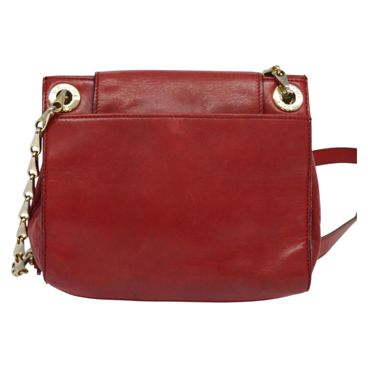 CELINE Chain Shoulder Bag Leather Red Gold Auth 127536