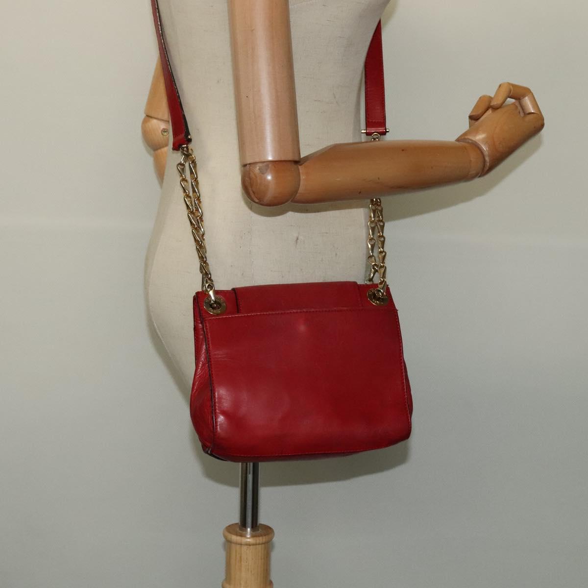CELINE Chain Shoulder Bag Leather Red Gold Auth 127536