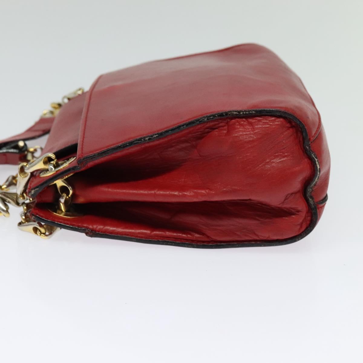 CELINE Chain Shoulder Bag Leather Red Gold Auth 127536