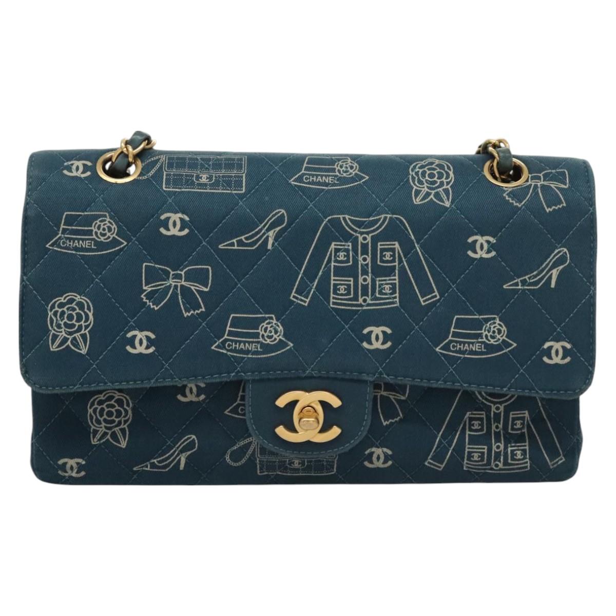 CHANEL Icon Line Matelasse Chain Shoulder Bag Canvas Navy Gold CC Auth 127540SV