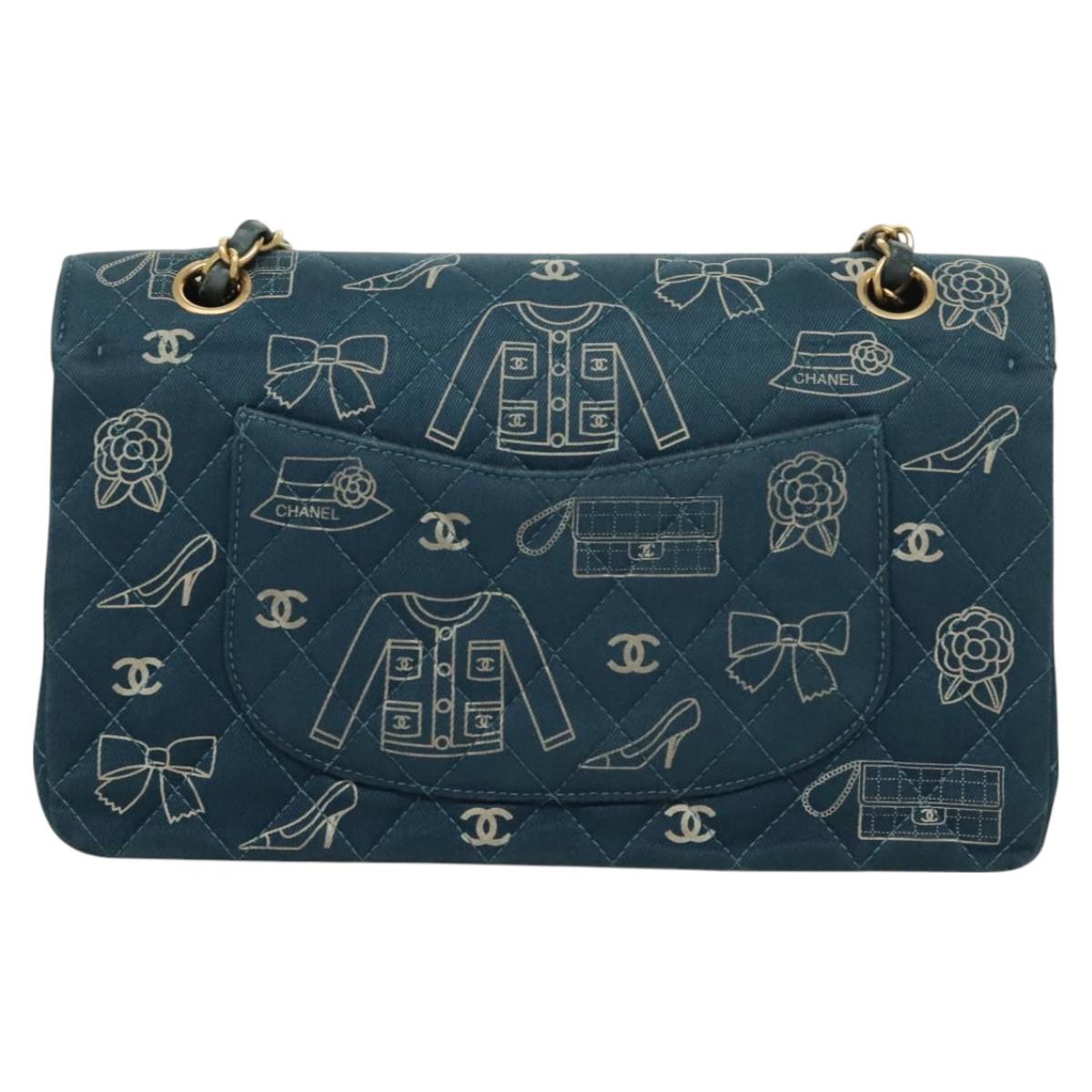 CHANEL Icon Line Matelasse Chain Shoulder Bag Canvas Navy Gold CC Auth 127540SV