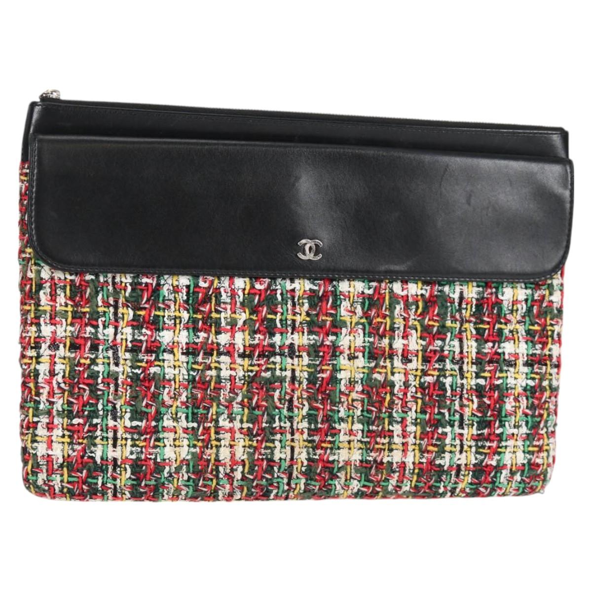 CHANEL Clutch Bag tweed Black Silver CC Auth 127554SAM
