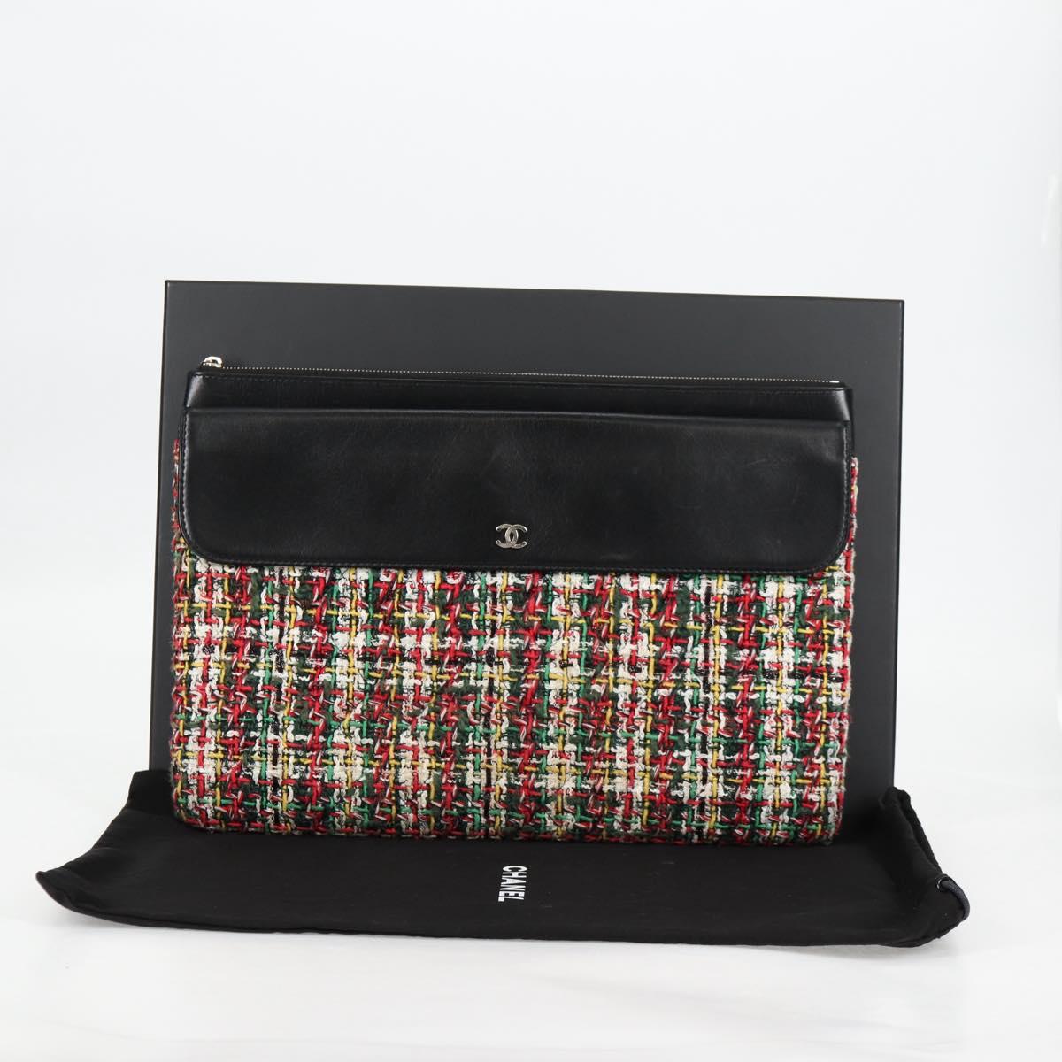 CHANEL Clutch Bag tweed Black Silver CC Auth 127554SAM