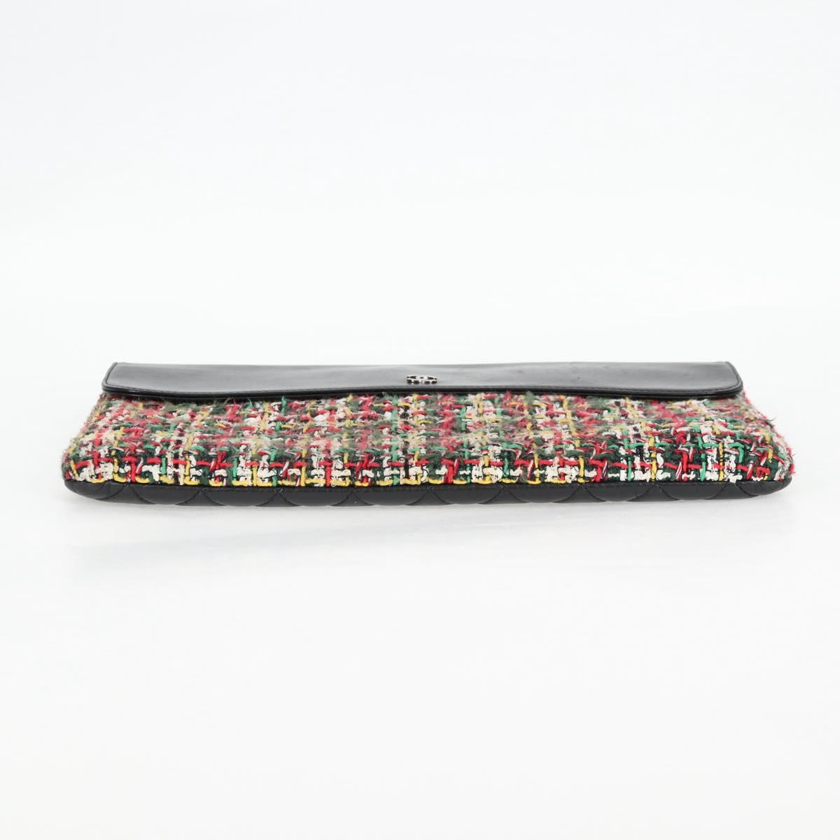 CHANEL Clutch Bag tweed Black Silver CC Auth 127554SAM