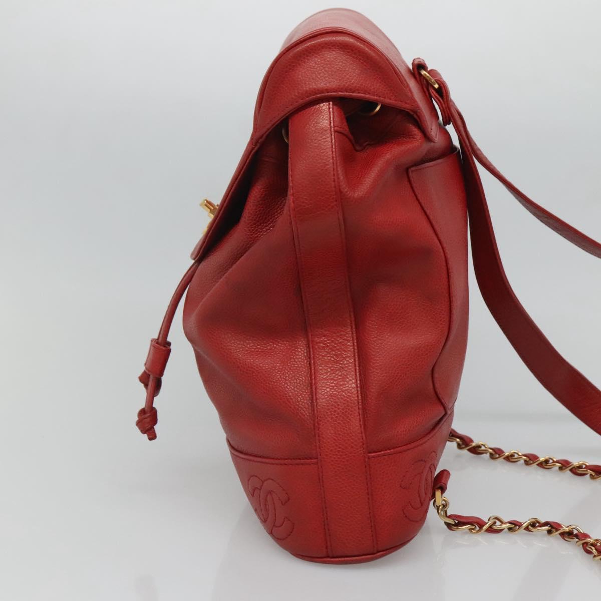 CHANEL Caviar Skin Backpack Caviar Skin Red Gold CC Auth 127574