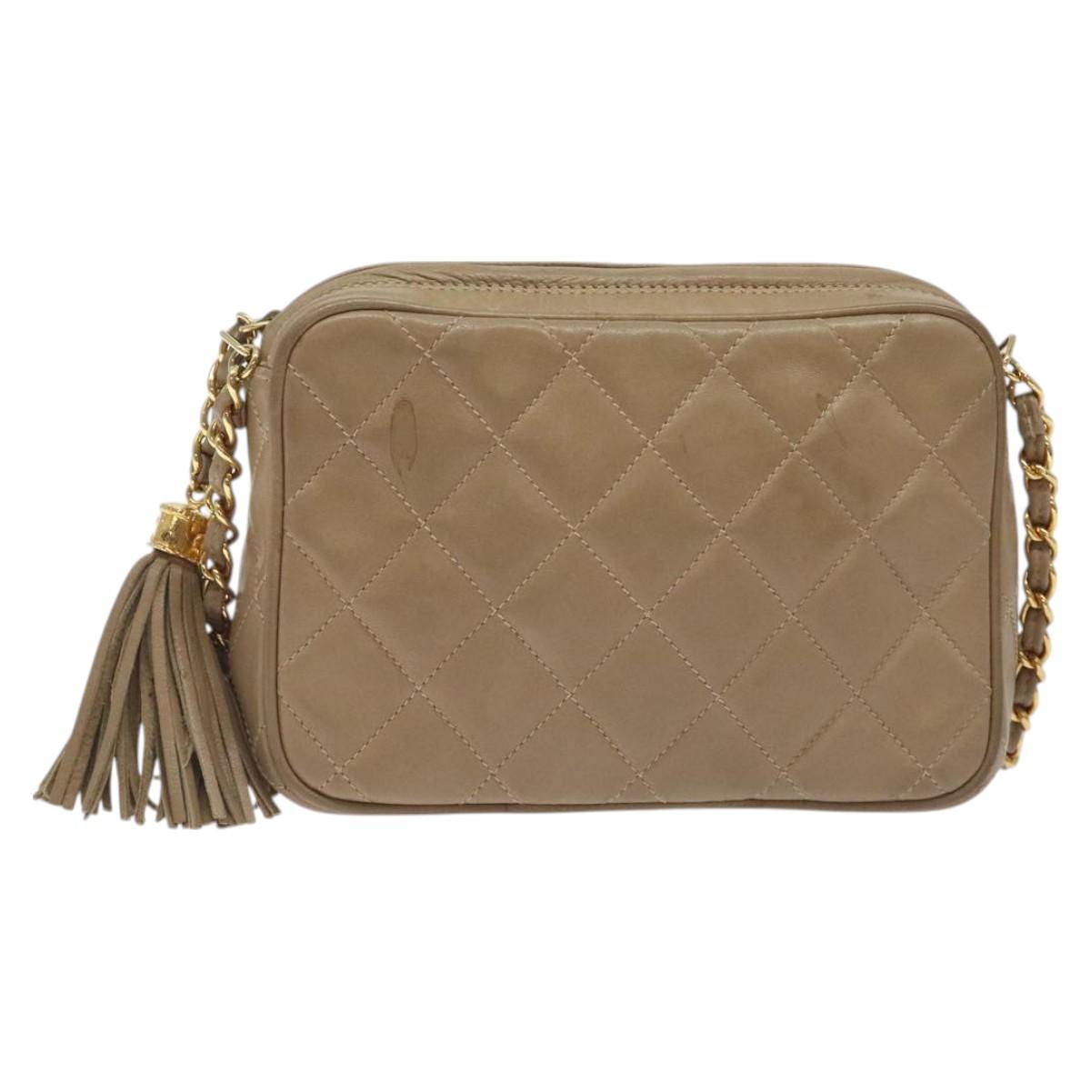 CHANEL Matelasse Chain Shoulder Bag Lamb Skin Beige Gold CC Auth 127575