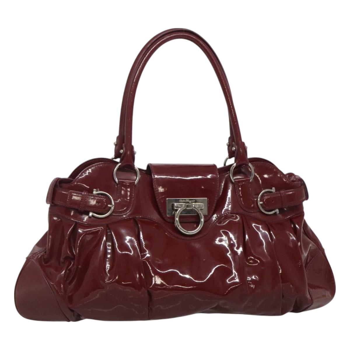 Salvatore Ferragamo Gancini Tote Bag Enamel Bordeaux Silver Auth 127595