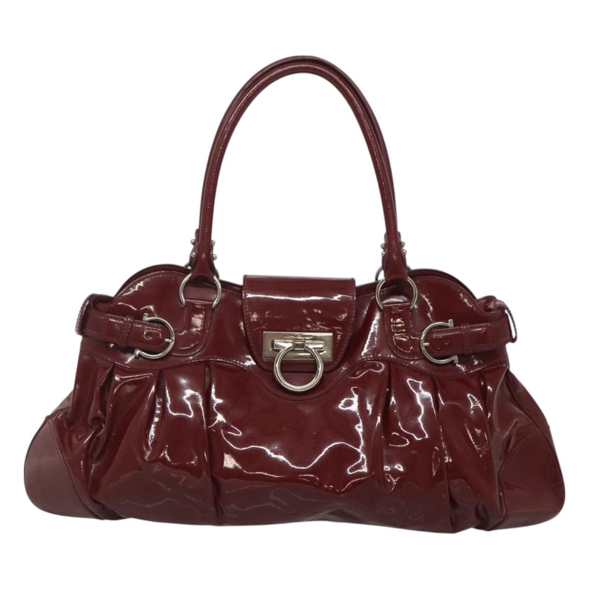 Salvatore Ferragamo Gancini Tote Bag Enamel Bordeaux Silver Auth 127595