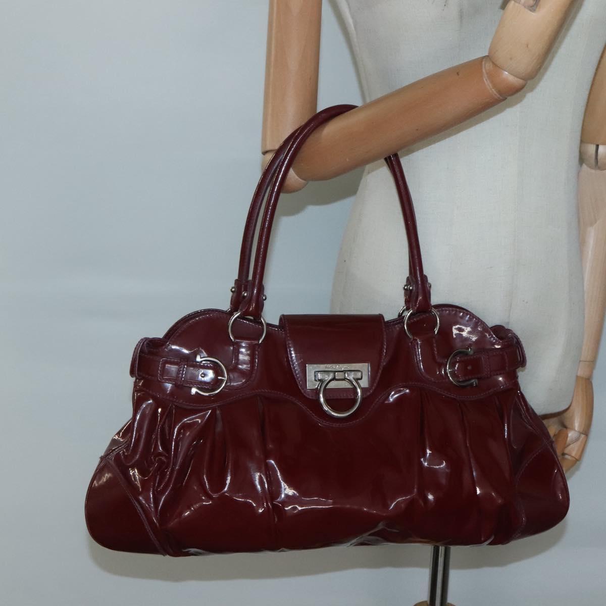 Salvatore Ferragamo Gancini Tote Bag Enamel Bordeaux Silver Auth 127595