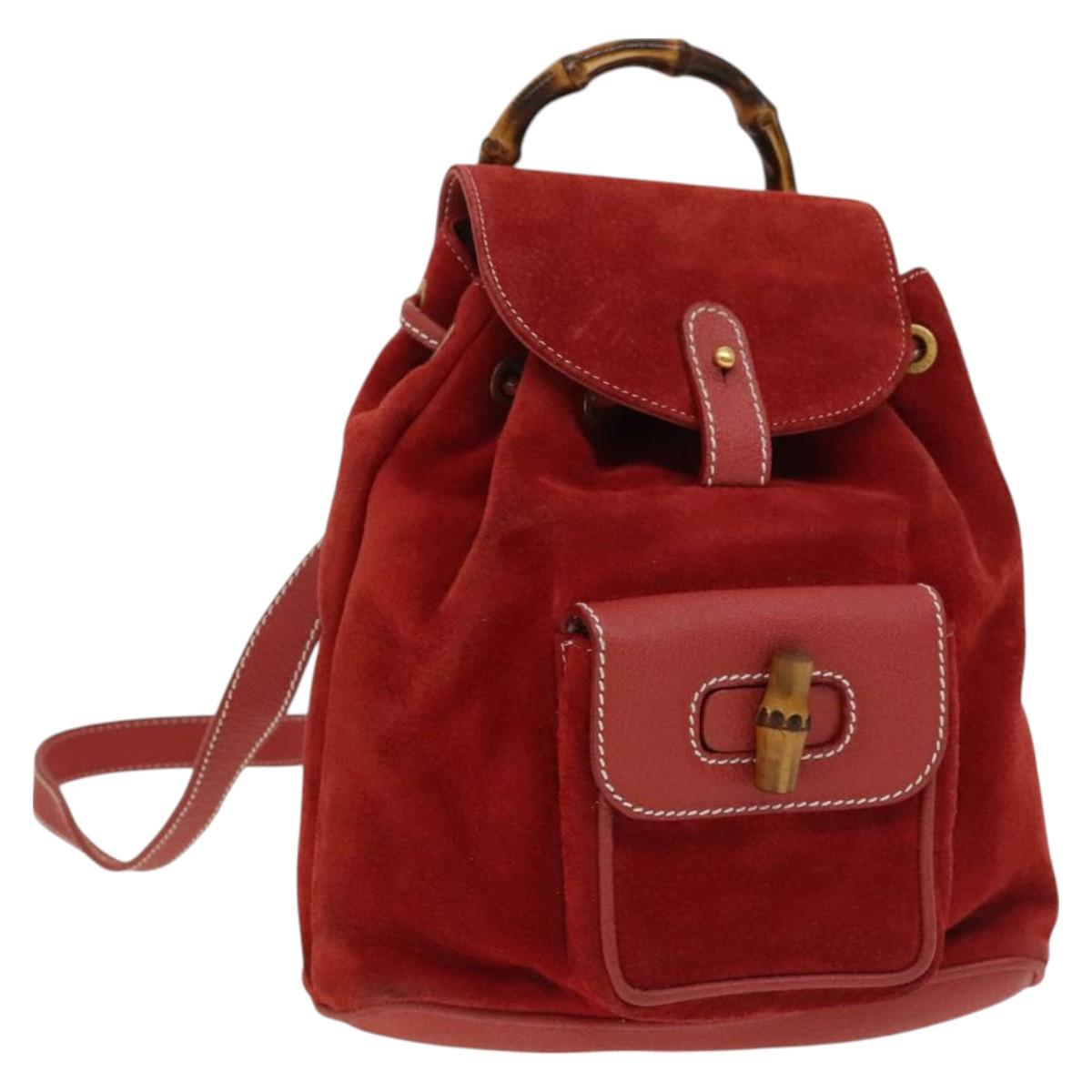 GUCCI Bamboo Backpack Suede Red Gold 003 1998 0030 Auth 127597