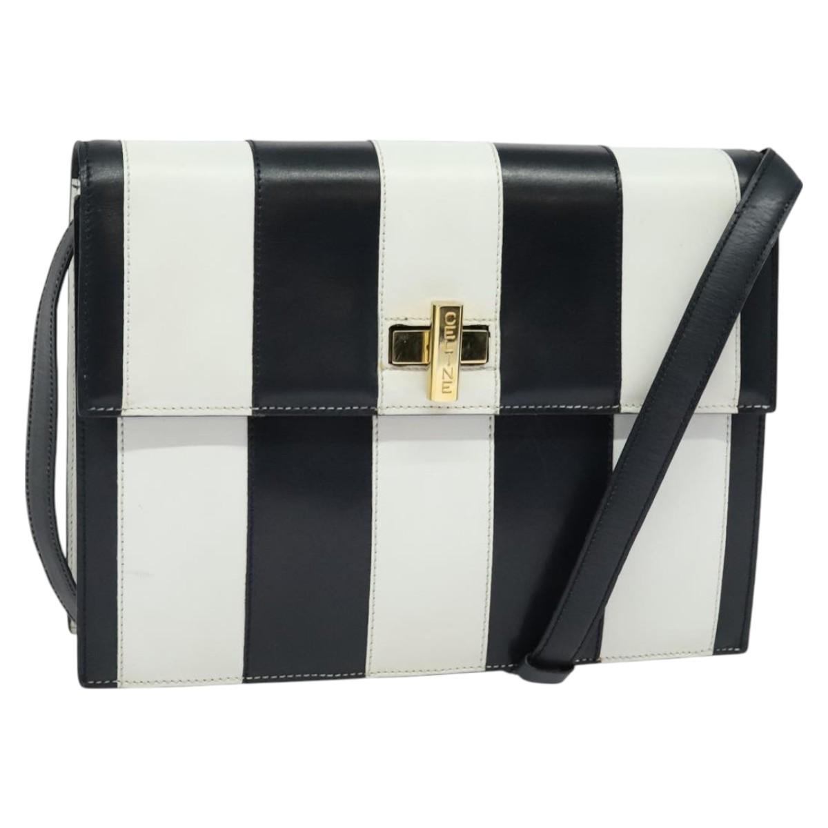 CELINE Shoulder Bag Leather White Navy gold Auth 127598