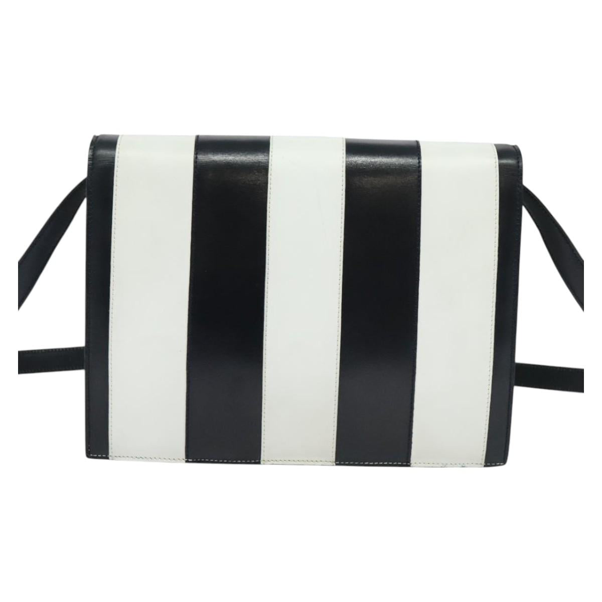 CELINE Shoulder Bag Leather White Navy gold Auth 127598
