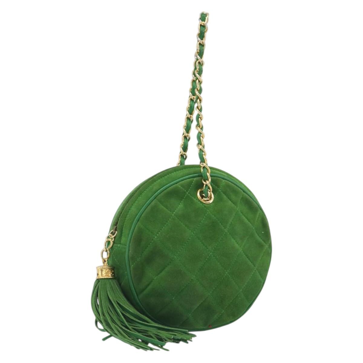 CHANEL Matelasse Chain Hand Bag Suede 2way Green Gold CC Auth 127613