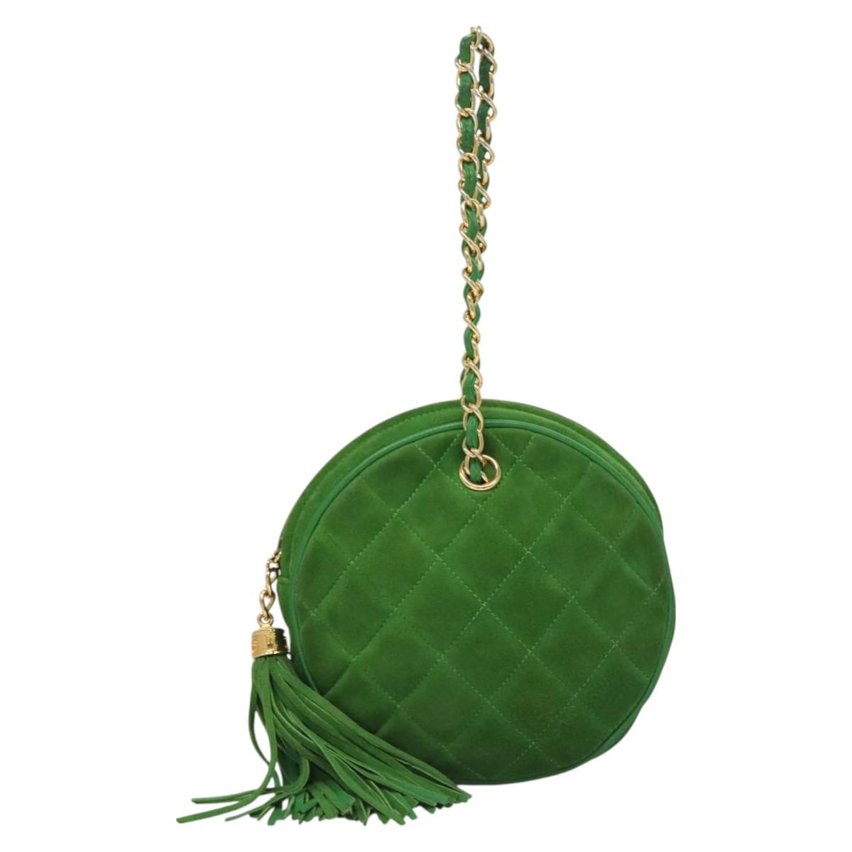 CHANEL Matelasse Chain Hand Bag Suede 2way Green Gold CC Auth 127613
