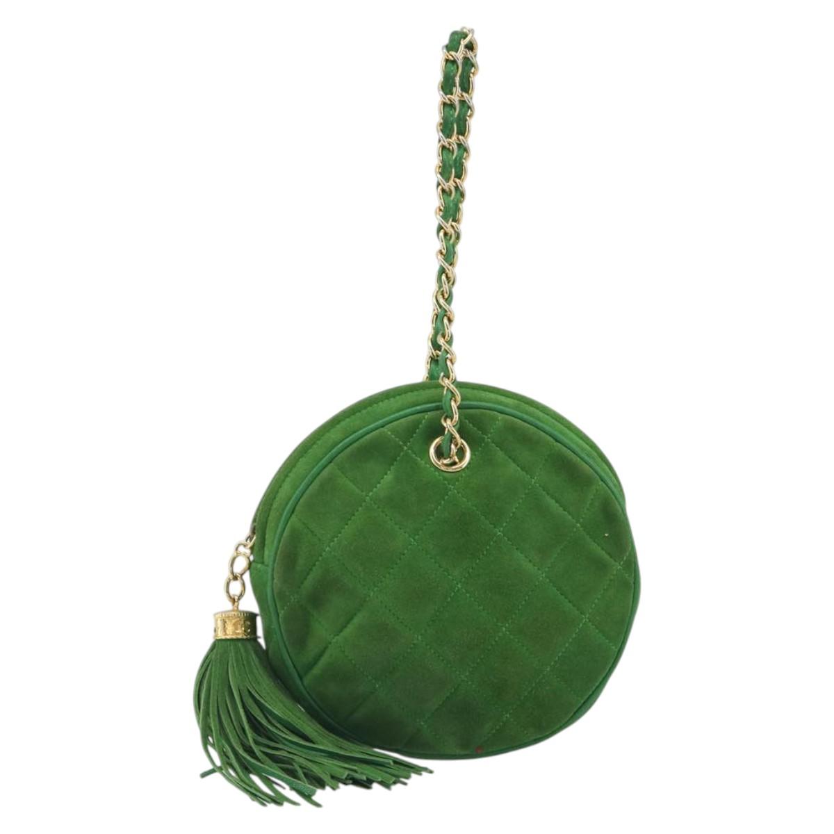 CHANEL Matelasse Chain Hand Bag Suede 2way Green Gold CC Auth 127613