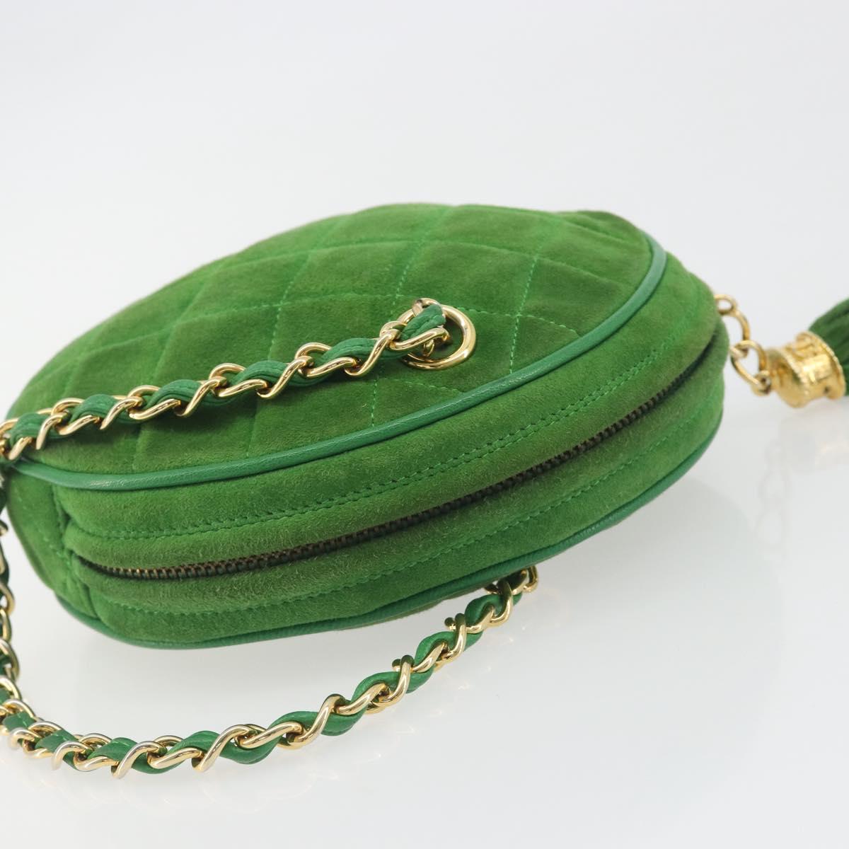 CHANEL Matelasse Chain Hand Bag Suede 2way Green Gold CC Auth 127613