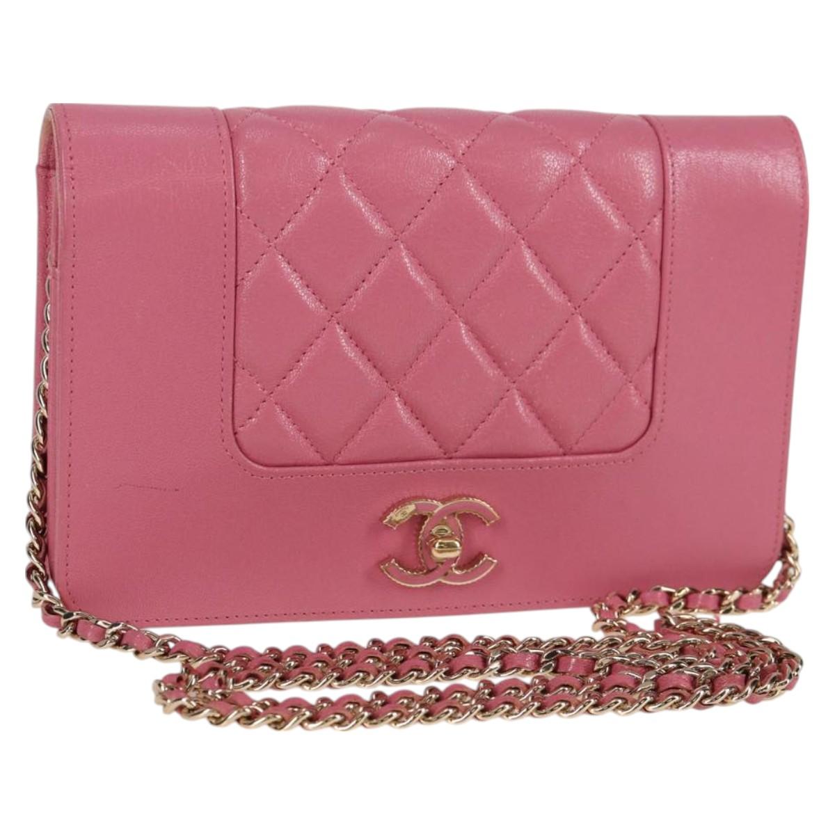 CHANEL Matelasse Chain Shoulder Bag Lamb Skin Pink Gold CC Auth 127625M