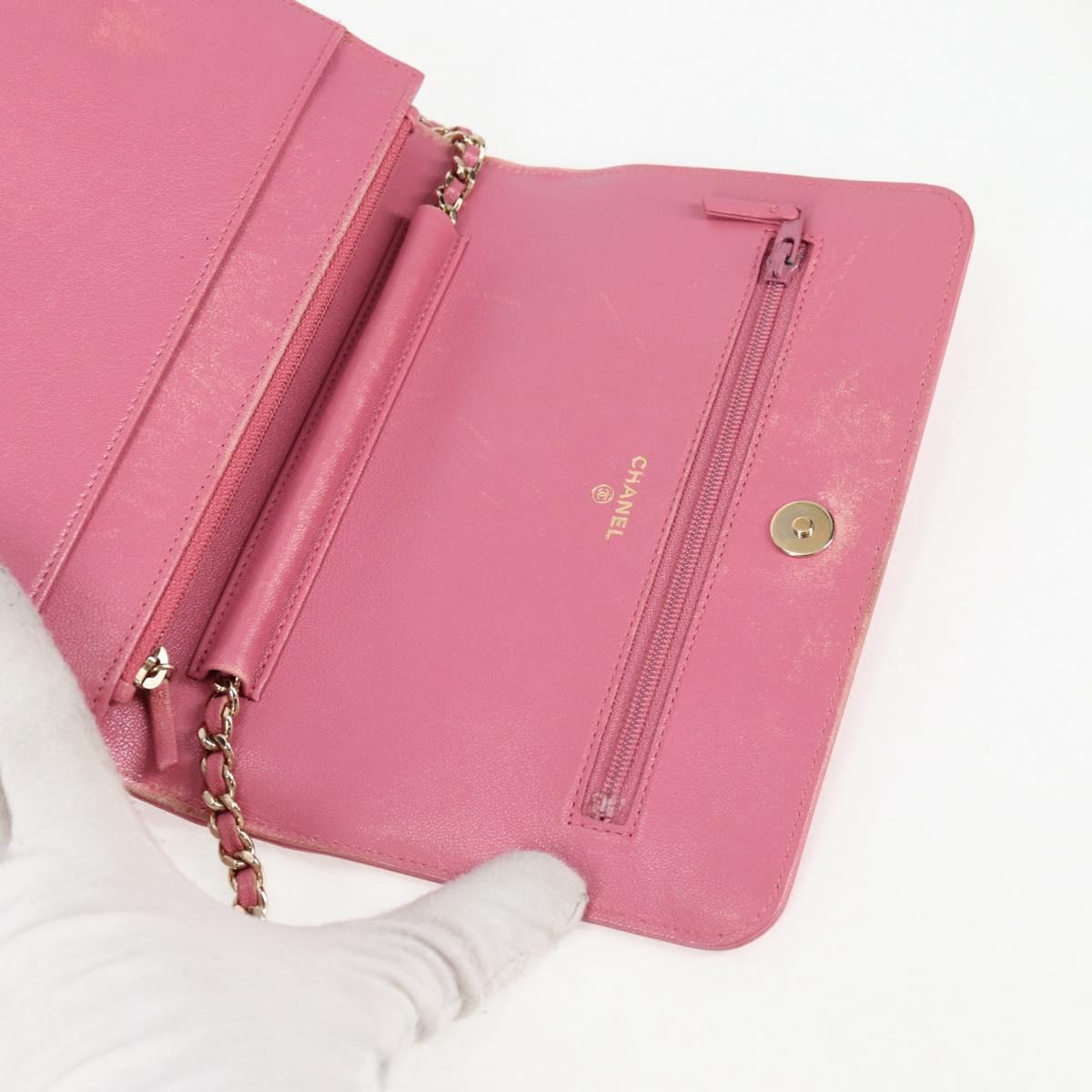 CHANEL Matelasse Chain Shoulder Bag Lamb Skin Pink Gold CC Auth 127625M