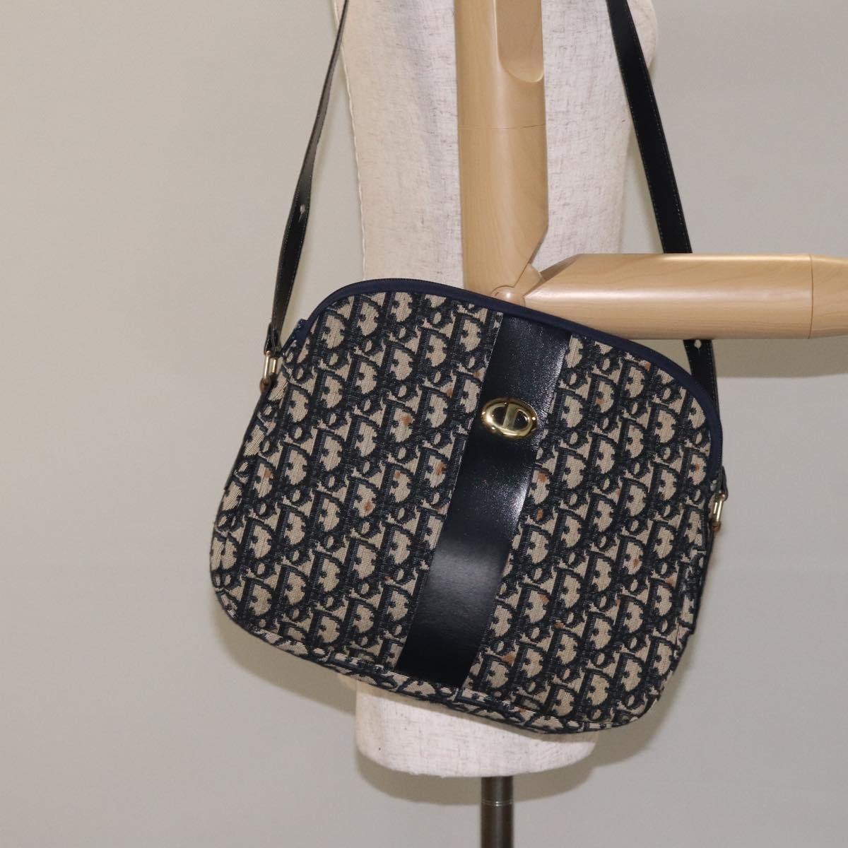 Christian Dior Trotter Canvas Shoulder Bag Navy Gold Auth 127683
