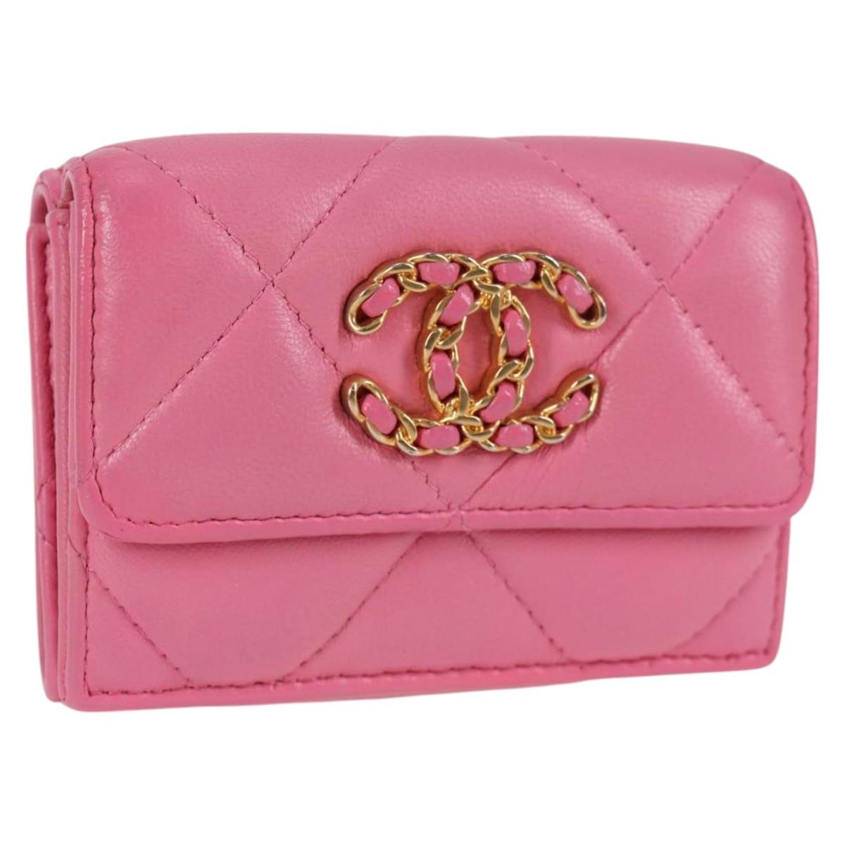 CHANEL Matelasse Compact Wallet Lamb Skin Pink Gold CC Auth 127761M