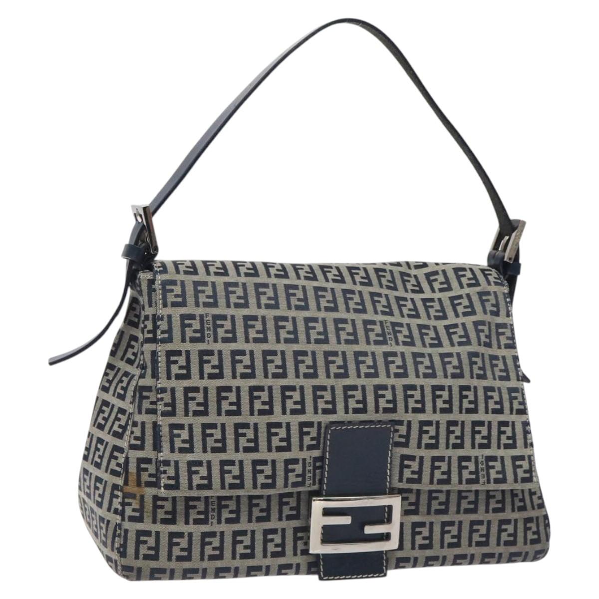 FENDI Zucchino Canvas Mamma Baguette Shoulder Bag Navy Silver Auth 127779