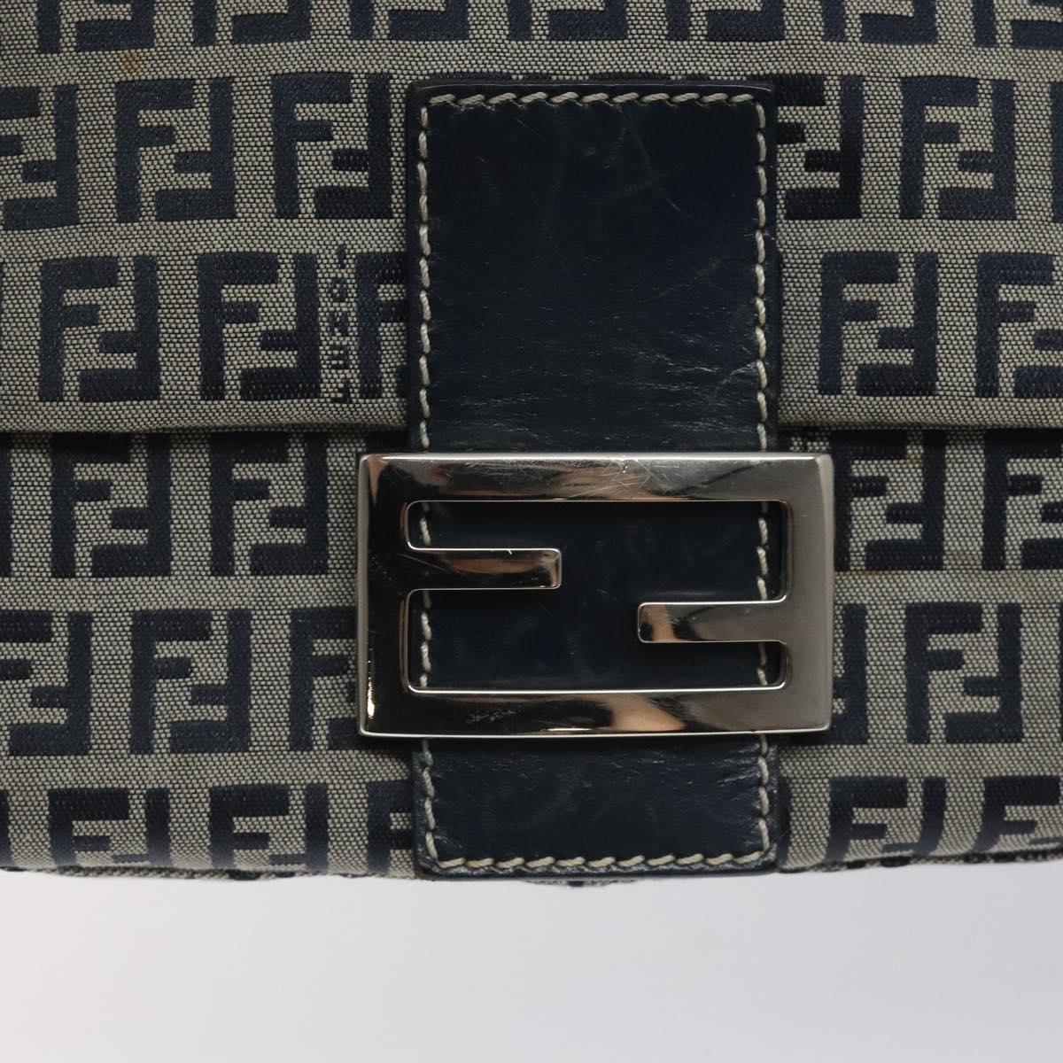 FENDI Zucchino Canvas Mamma Baguette Shoulder Bag Navy Silver Auth 127779