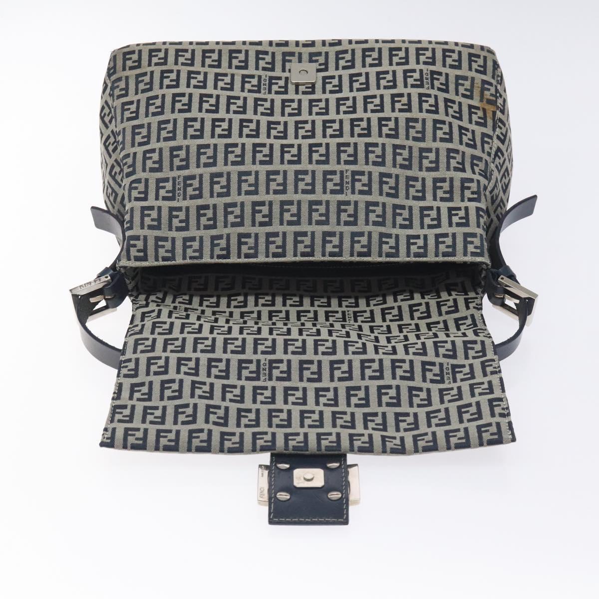 FENDI Zucchino Canvas Mamma Baguette Shoulder Bag Navy Silver Auth 127779