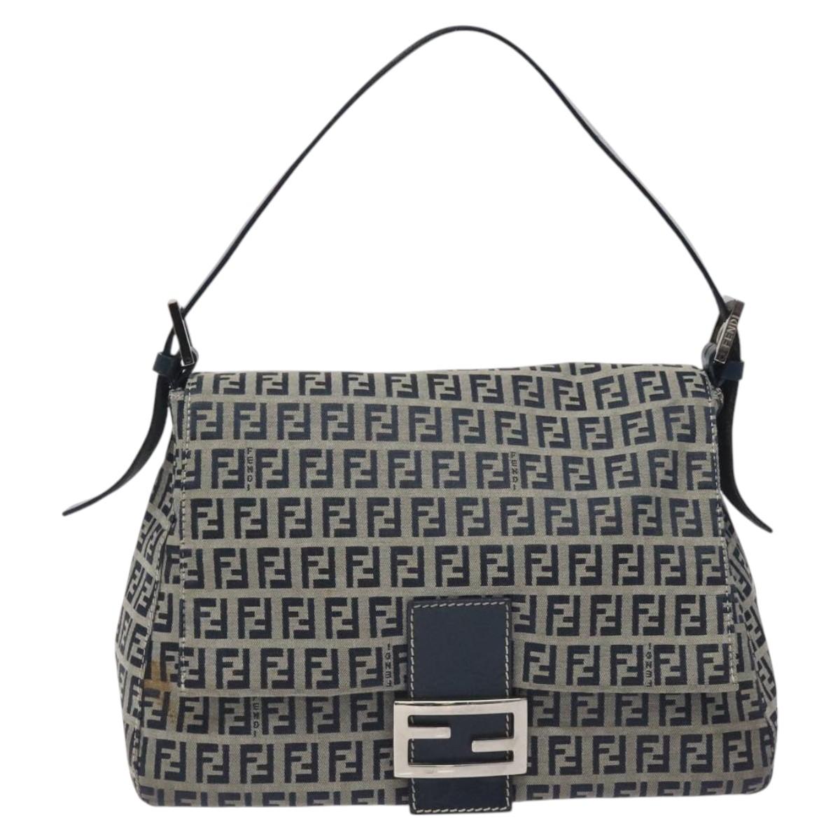 FENDI Zucchino Canvas Mamma Baguette Shoulder Bag Navy Silver Auth 127779