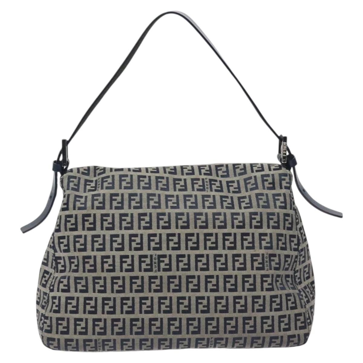 FENDI Zucchino Canvas Mamma Baguette Shoulder Bag Navy Silver Auth 127779