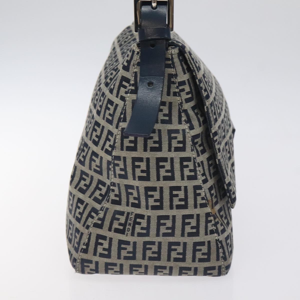 FENDI Zucchino Canvas Mamma Baguette Shoulder Bag Navy Silver Auth 127779