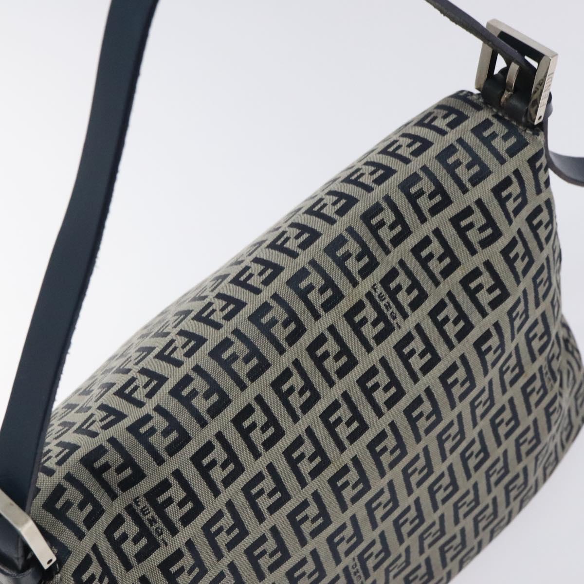 FENDI Zucchino Canvas Mamma Baguette Shoulder Bag Navy Silver Auth 127779