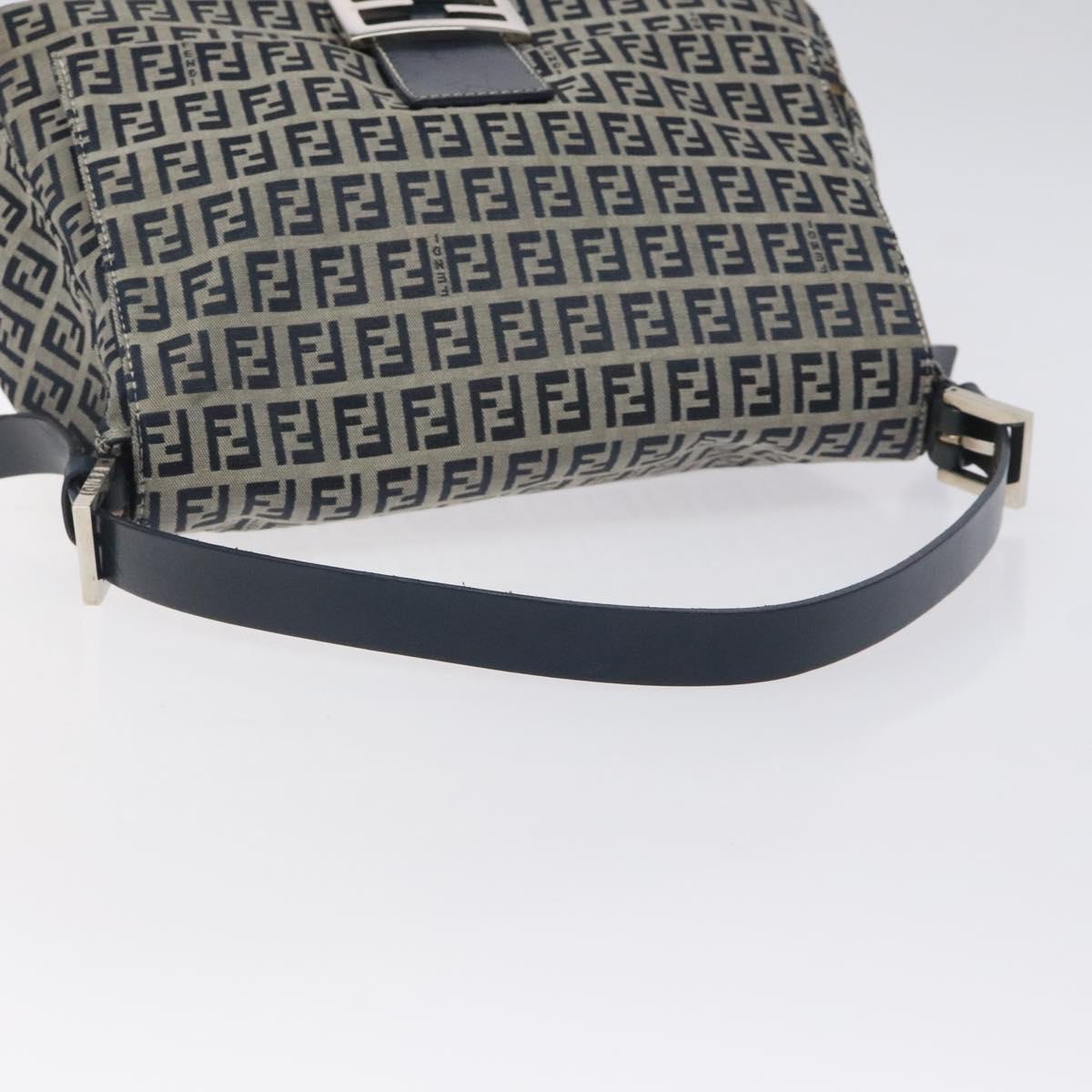 FENDI Zucchino Canvas Mamma Baguette Shoulder Bag Navy Silver Auth 127779