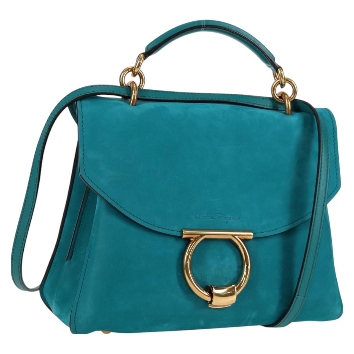 Salvatore Ferragamo Gancini Margot Bag Suede 2way Turquoise Blue Auth 127782M