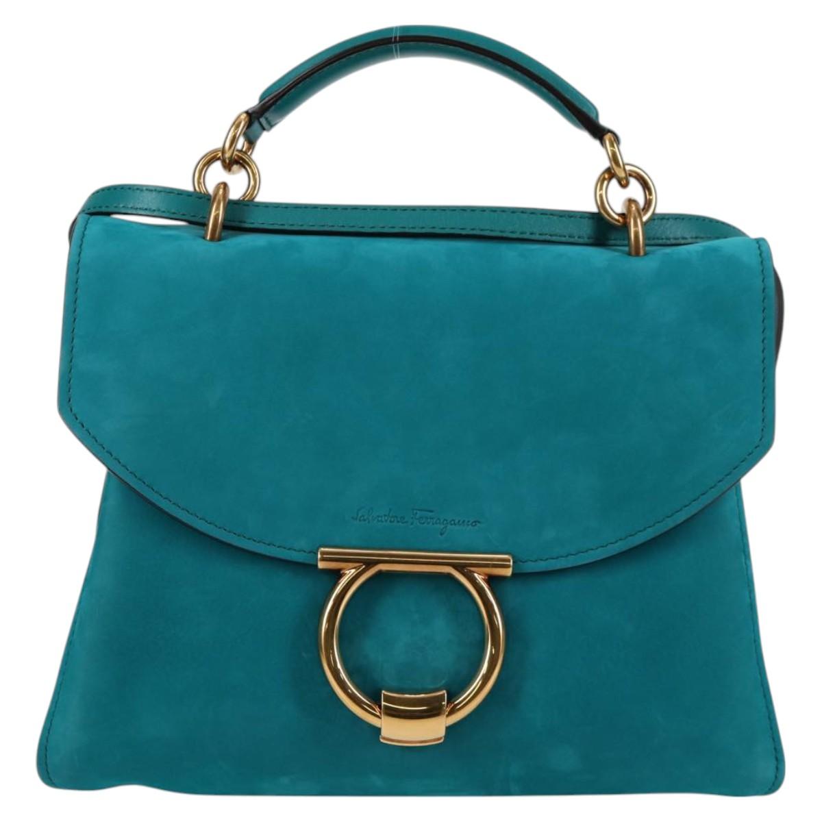 Salvatore Ferragamo Gancini Margot Bag Suede 2way Turquoise Blue Auth 127782M