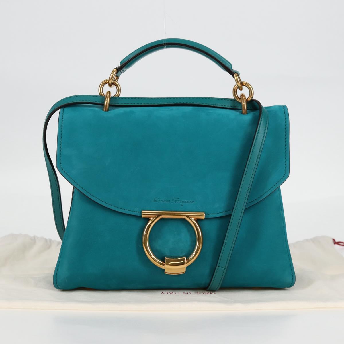 Salvatore Ferragamo Gancini Margot Bag Suede 2way Turquoise Blue Auth 127782M