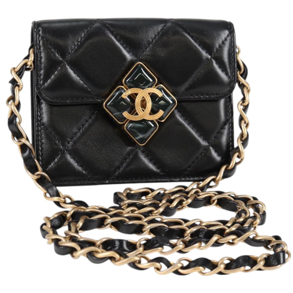 CHANEL Matelasse Chain Pouch Shoulder Bag Lamb Skin Black Gold CC Auth 127795SAM