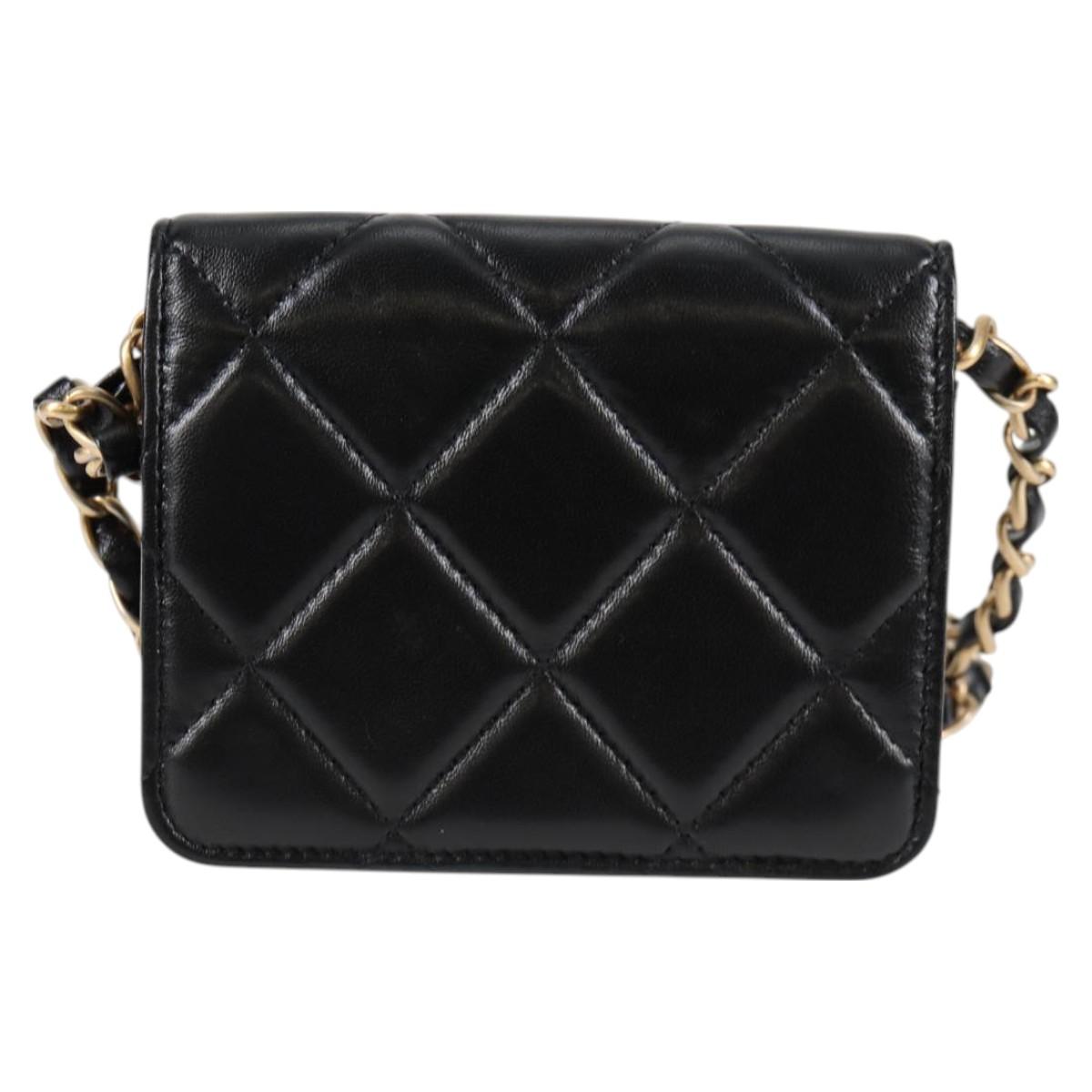 CHANEL Matelasse Chain Pouch Shoulder Bag Lamb Skin Black Gold CC Auth 127795M