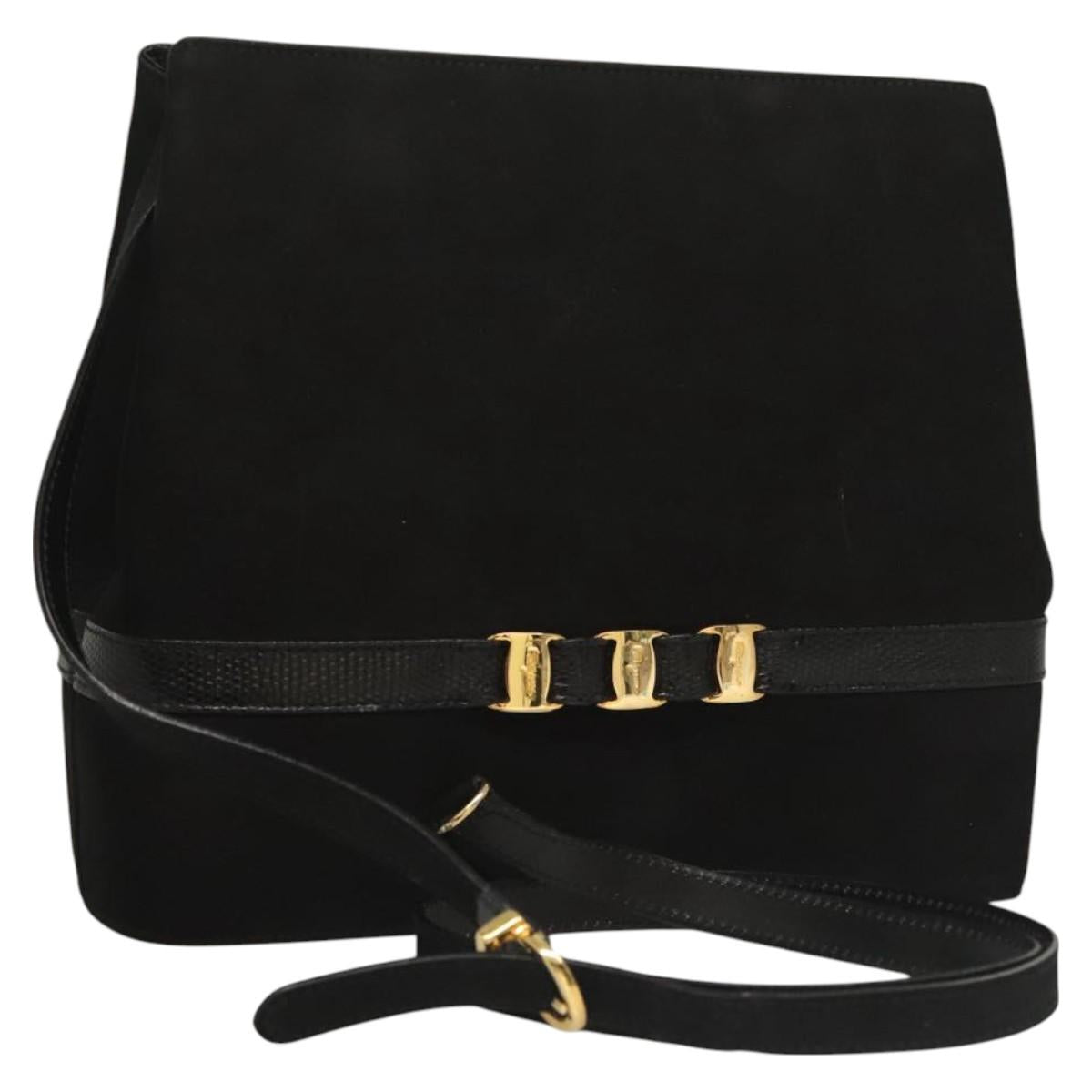 Salvatore Ferragamo Gancini Shoulder Bag Suede Black Gold Auth 127796