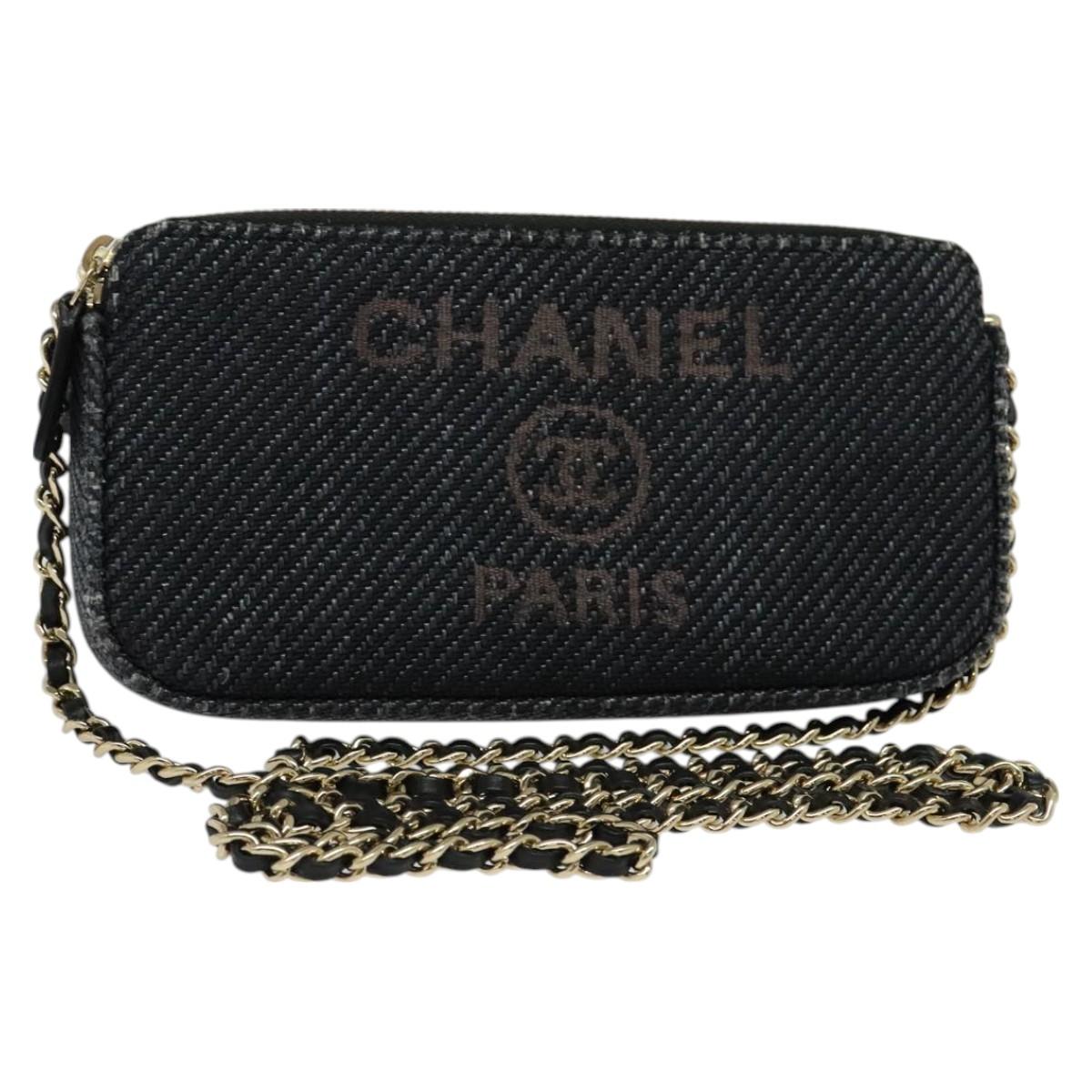 CHANEL Deauville line COCO Mark Chain Wallet Raffia Navy Gold CC Auth 127827M