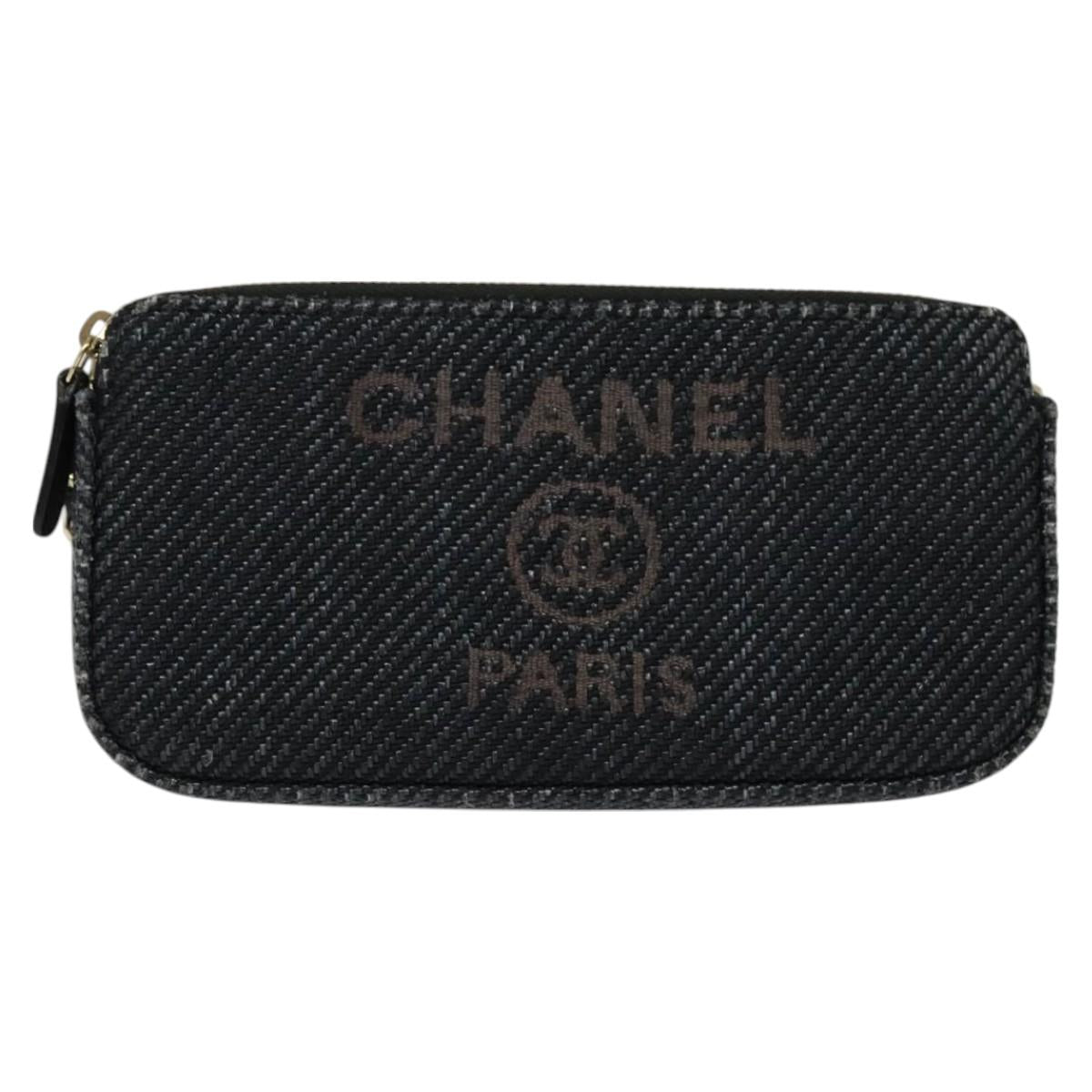 CHANEL Deauville line COCO Mark Chain Wallet Raffia Navy Gold CC Auth 127827M