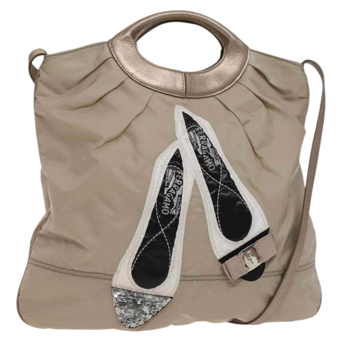 Salvatore Ferragamo Shoulder Bag Nylon 2way Beige Auth 127845