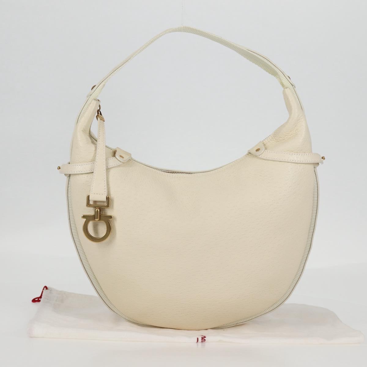 Salvatore Ferragamo Gancini Hand Bag Leather Ivory Gold Auth 127853