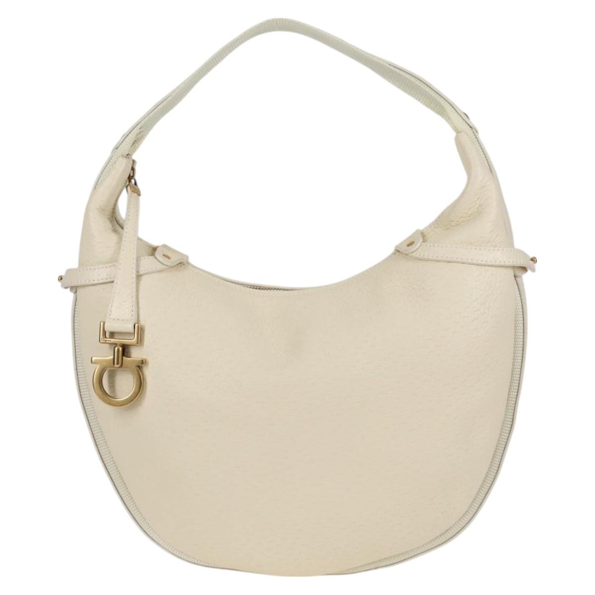 Salvatore Ferragamo Gancini Hand Bag Leather Ivory Gold Auth 127853