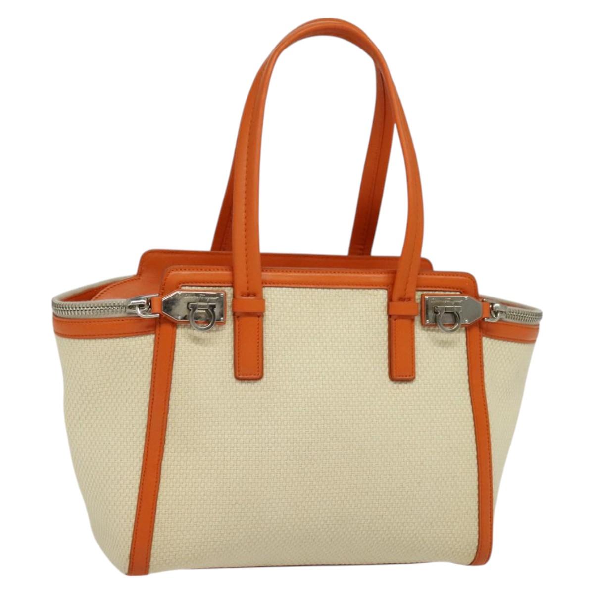 Salvatore Ferragamo Gancini Tote Bag Canvas Beige Silver Auth 127854