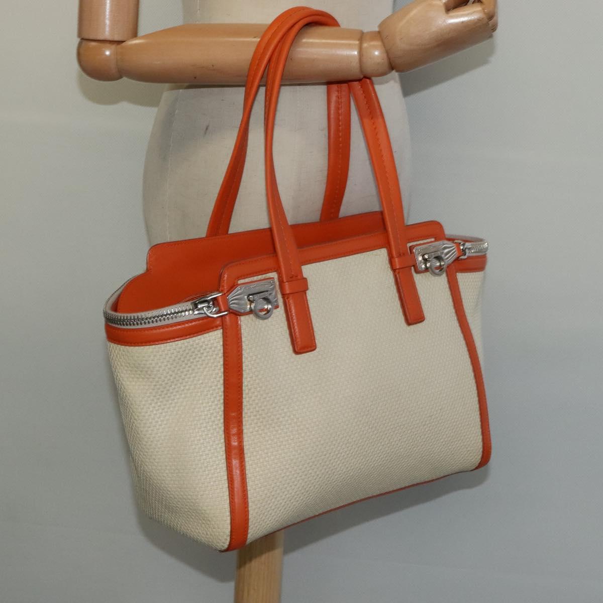 Salvatore Ferragamo Gancini Tote Bag Canvas Beige Silver Auth 127854
