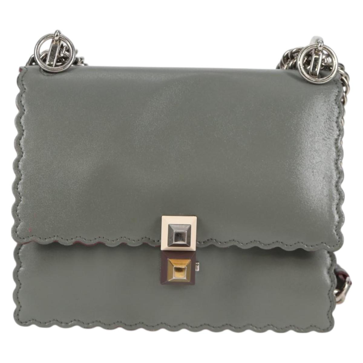 FENDI Chain Shoulder Bag Leather Gray Silver Auth 127855V